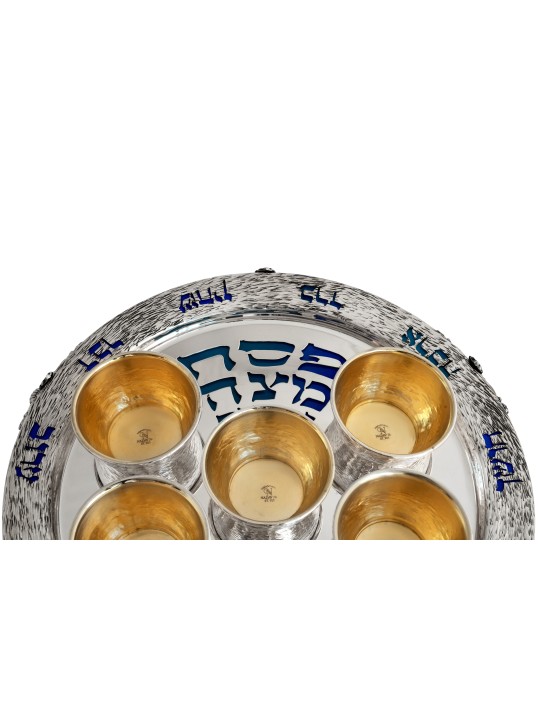 גווני אמייל כחול צלחת הסדר כסף סטרלינג , מתנות לפסח , א
